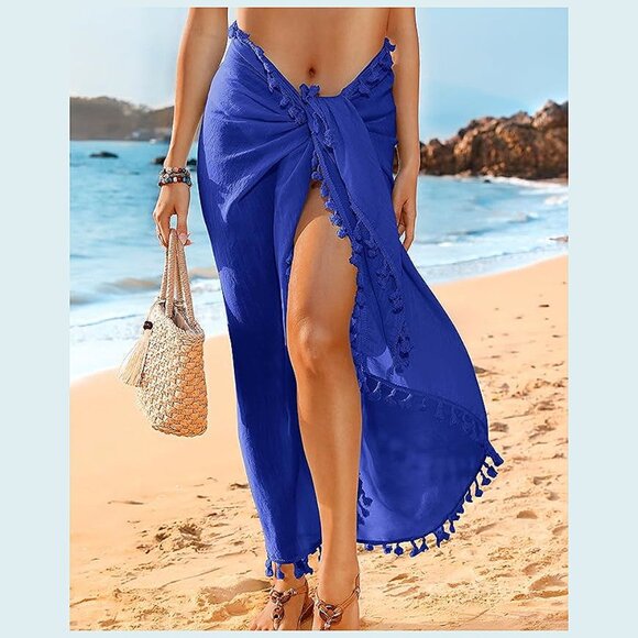 BEACH Sarong Pareo Womens Semi-Sheer Swimwear Cover Ups 19-royalblue-long - Picture 2 of 6